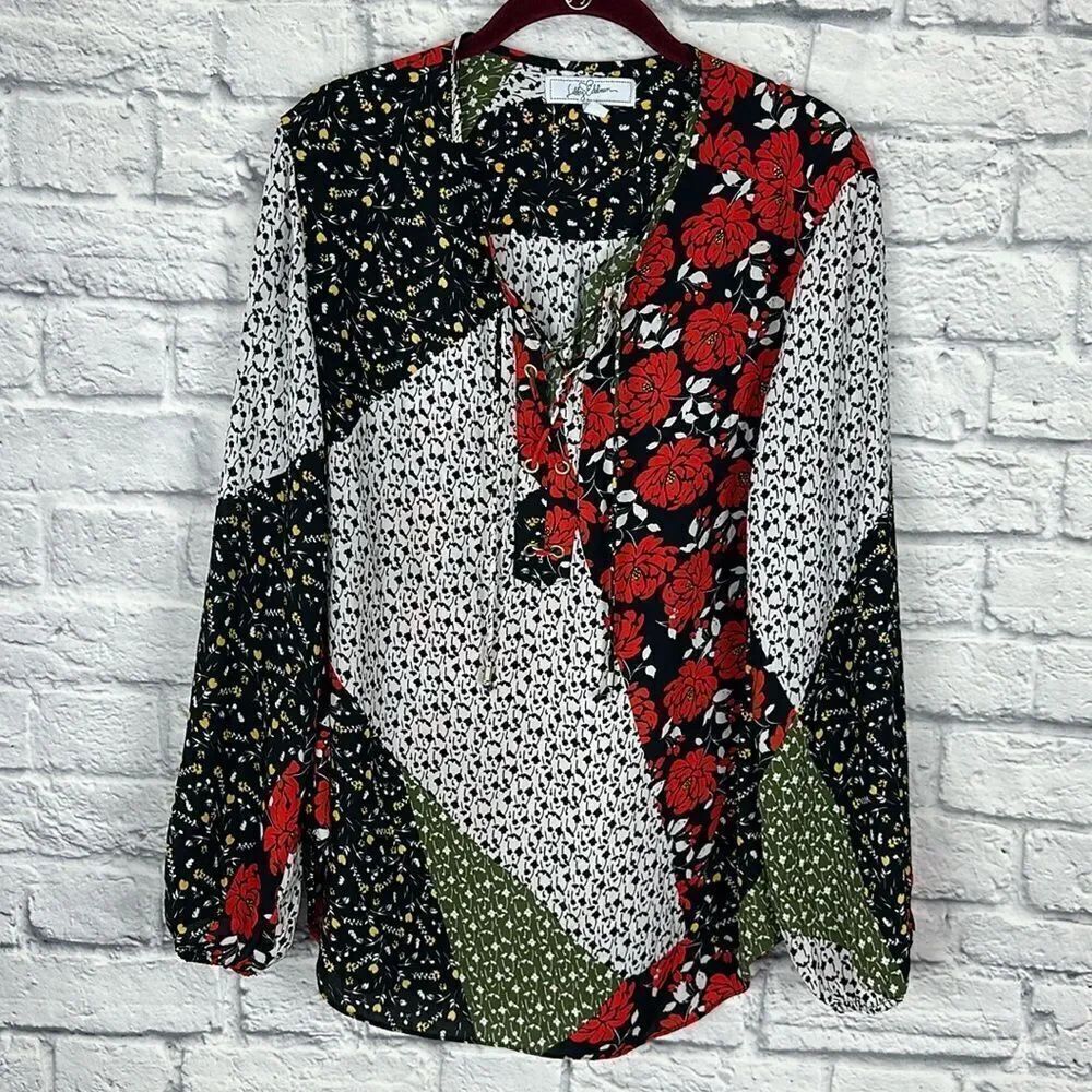 Libby Edelman Mixed Patchwork Floral Lace Up Front Long Sleeve Blouse Size Large